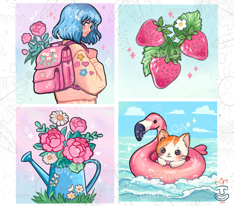 Set aus 4 Leinwänden Summer Style C - Oraloa Diamond Painting Kunsttherapie-Set