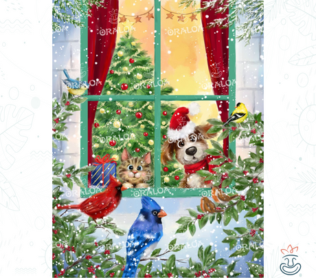 Hund und Katze am Weihnachtsfenster - Oraloa Diamond Painting Kit Kunsttherapie